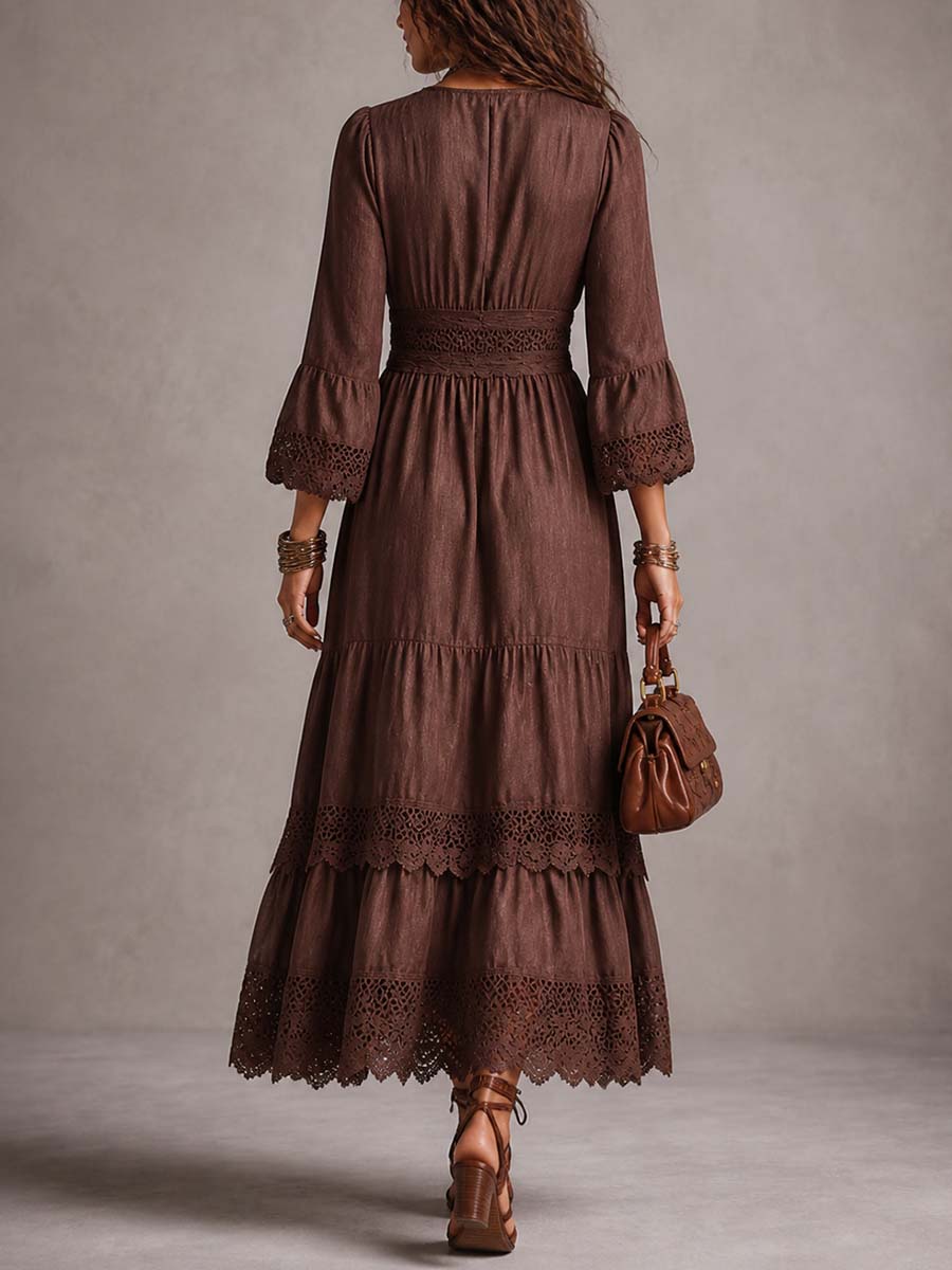 Cotton-Linen Midi Dress with Balloon Sleeves and Vintage Lace