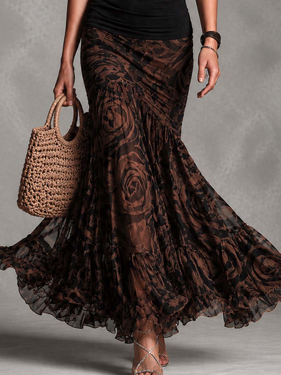 Sabine | Black Top and Printed Mesh Skirt Set
