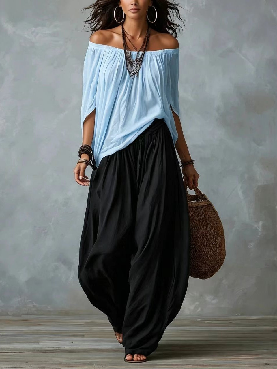 White Off-Shoulder Top and Flared Lantern Trouser Set