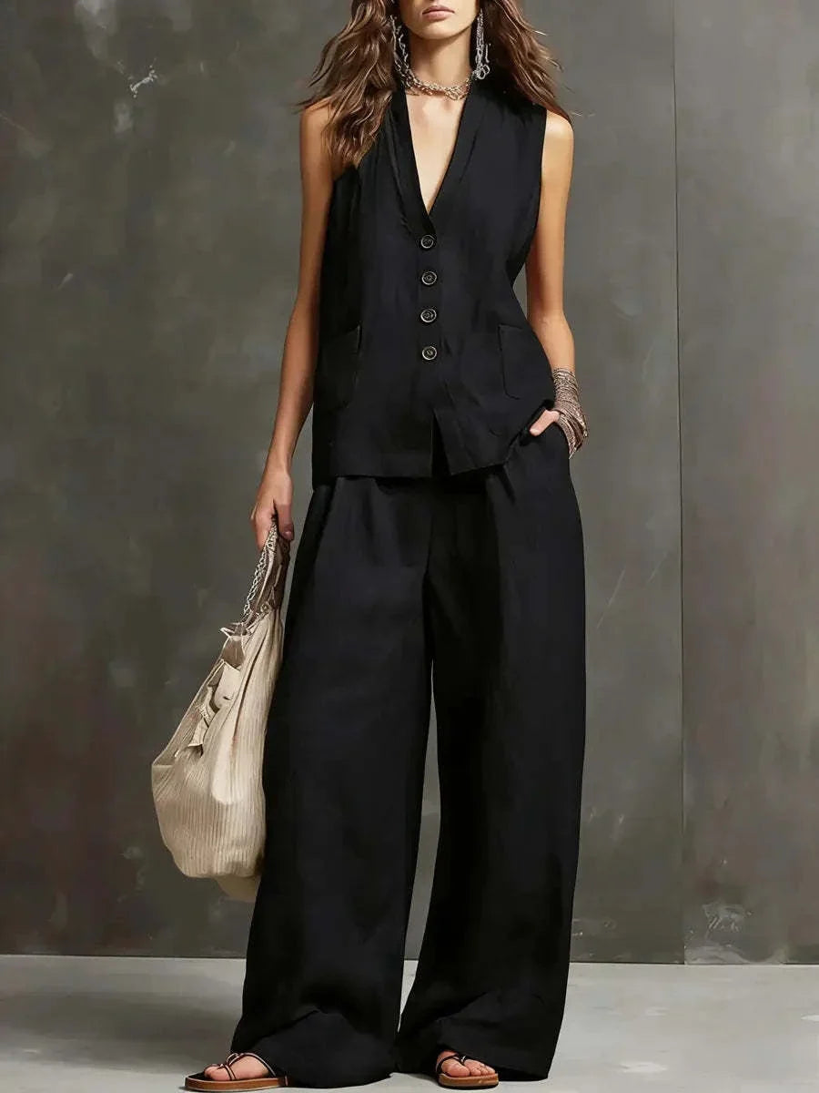 Irina | Cotton-Linen Two-Piece Set with Sleeveless Vest and Wide-Leg Trousers