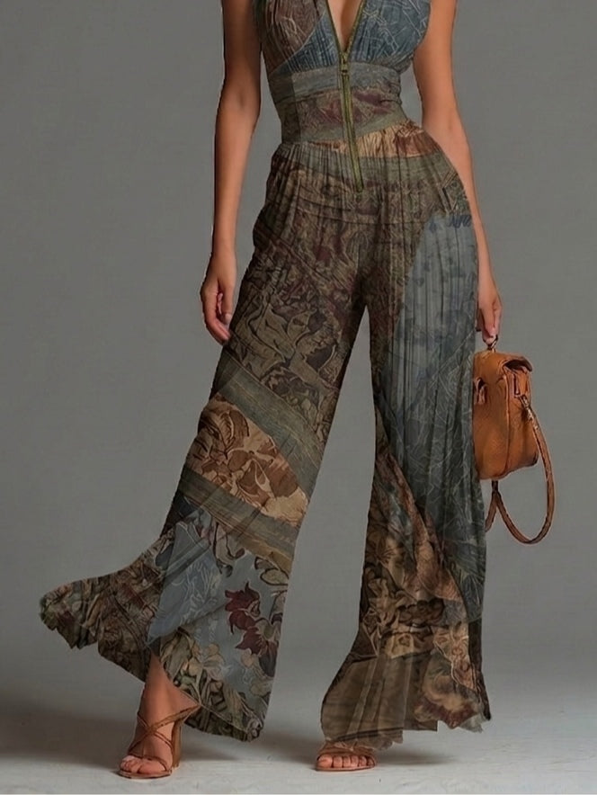 Bohemian Ethnic Print Pleated Chiffon Jumpsuit with Zip