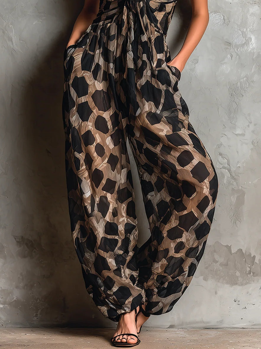 Relaxed Black Animal-Print Chiffon Halter Jumpsuit