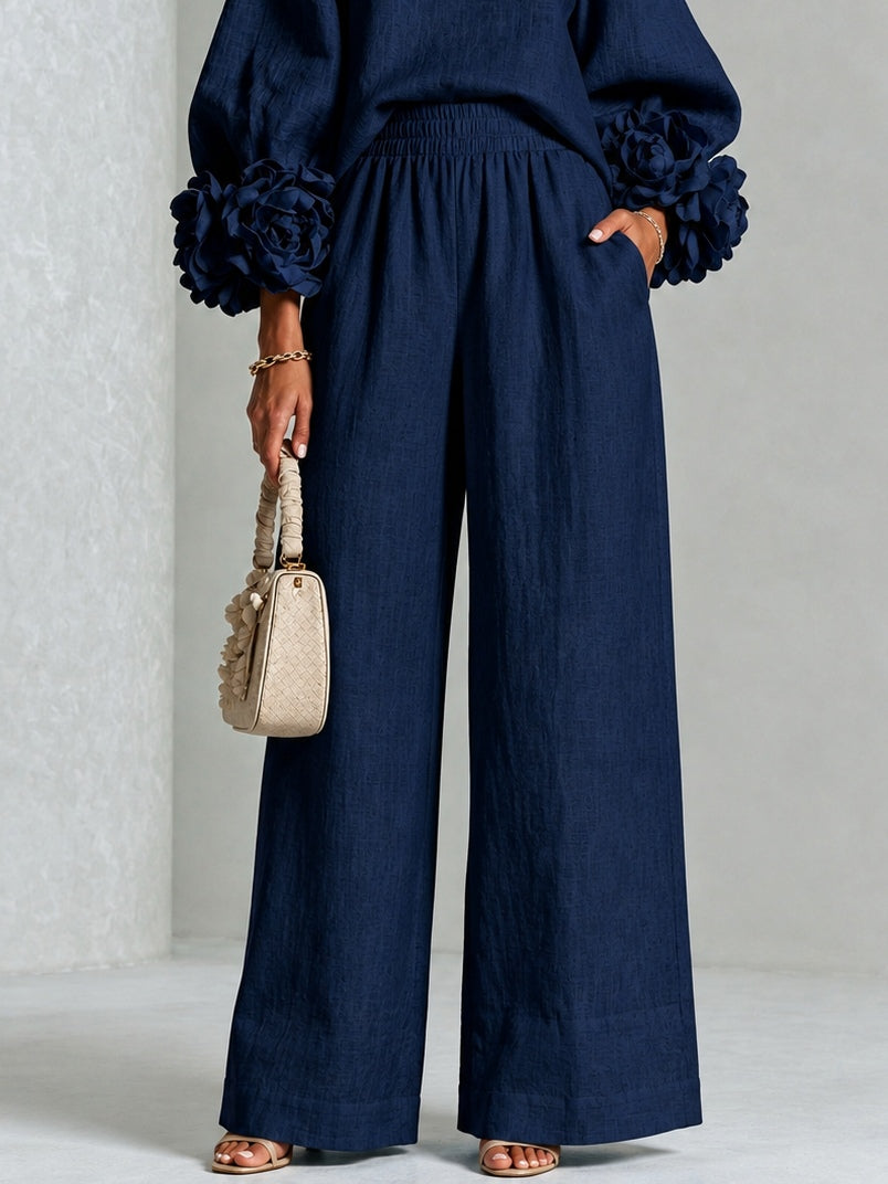 Navy Statement-Sleeve Top and Wide-Leg Trouser Set