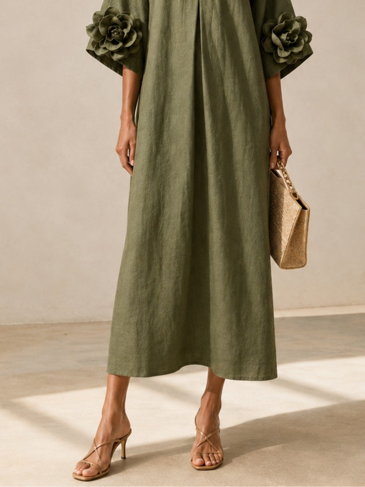 Olive V-Neck Midi Dress with Statement Floral Sleeves