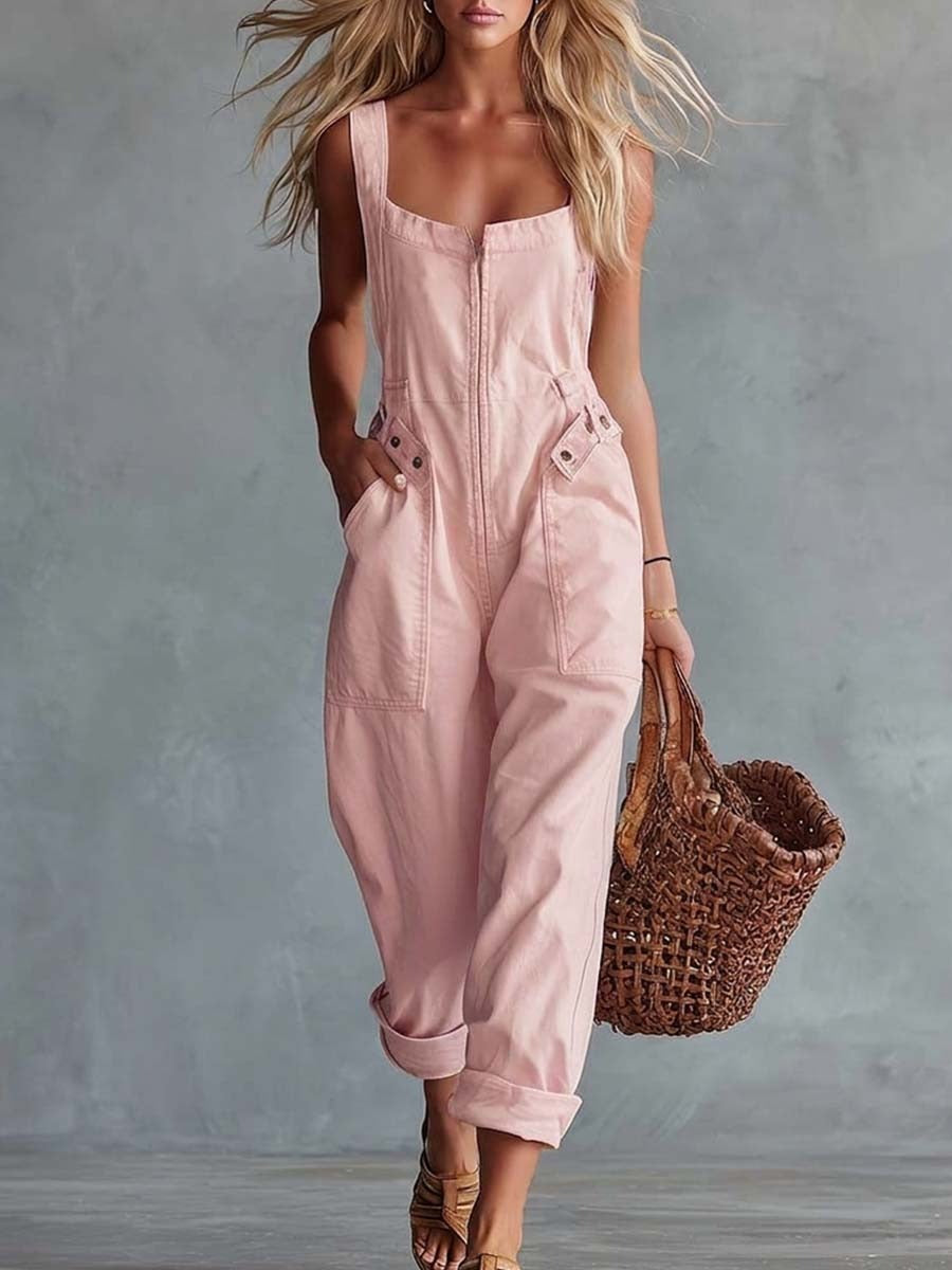 Camilla | Retro Denim Jumpsuit with Square Neck and Front Zip