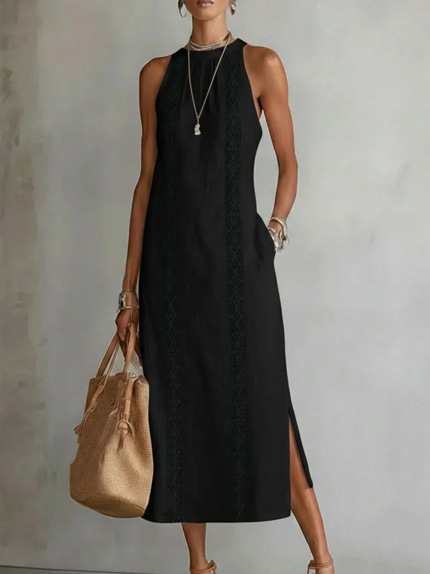 Valeria | Elegant Cotton-Linen Midi Dress with Mandarin Collar