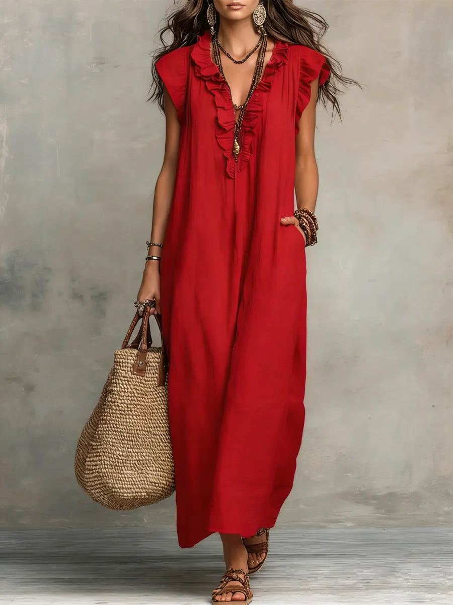 Camelia | Bohemian Maxi Dress with Ruffled V-Neck