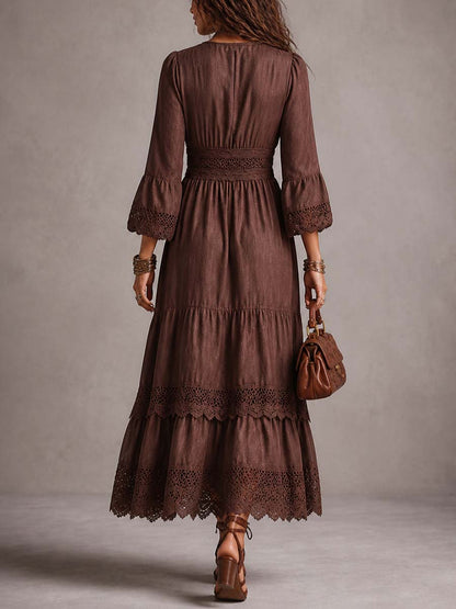 Cotton-Linen Midi Dress with Balloon Sleeves and Vintage Lace