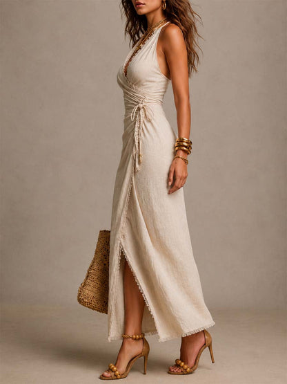 Beige Faux-Linen Wrap Maxi Dress with Lace Trim
