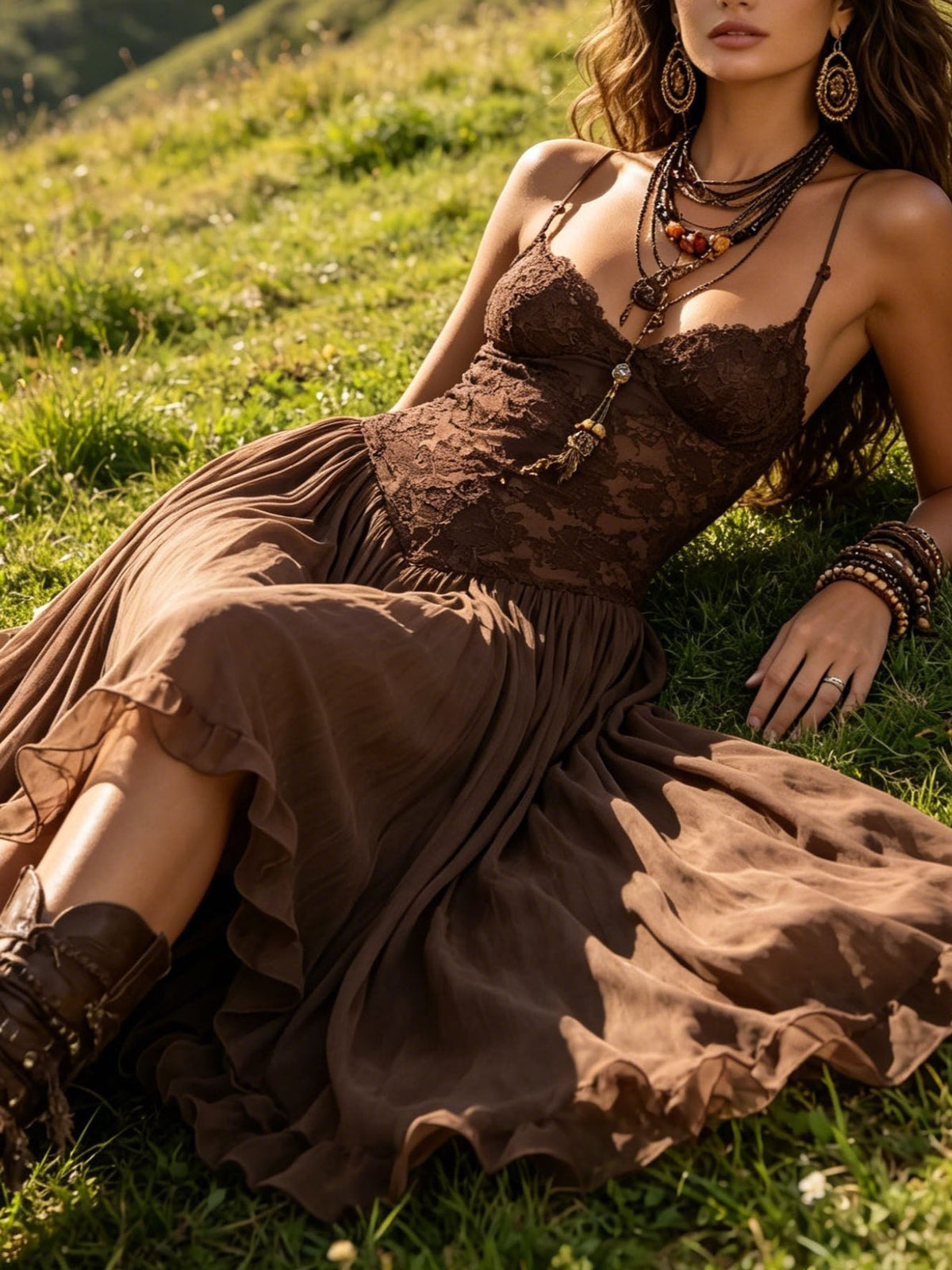 Elodie | Lace and Chiffon Ruffle Maxi Dress