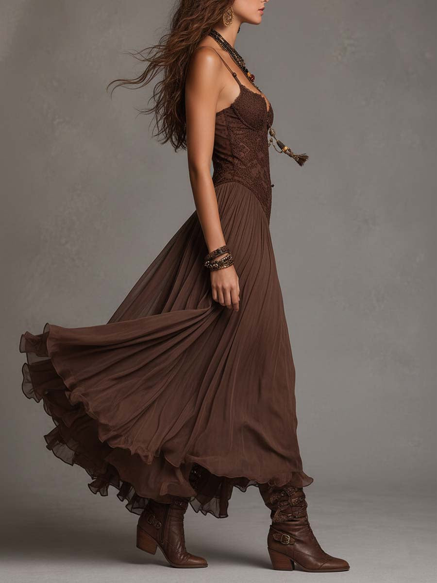 Elodie | Lace and Chiffon Ruffle Maxi Dress