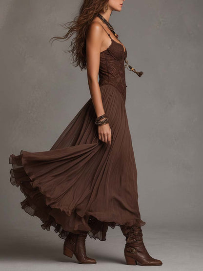 Elodie | Lace and Chiffon Ruffle Maxi Dress