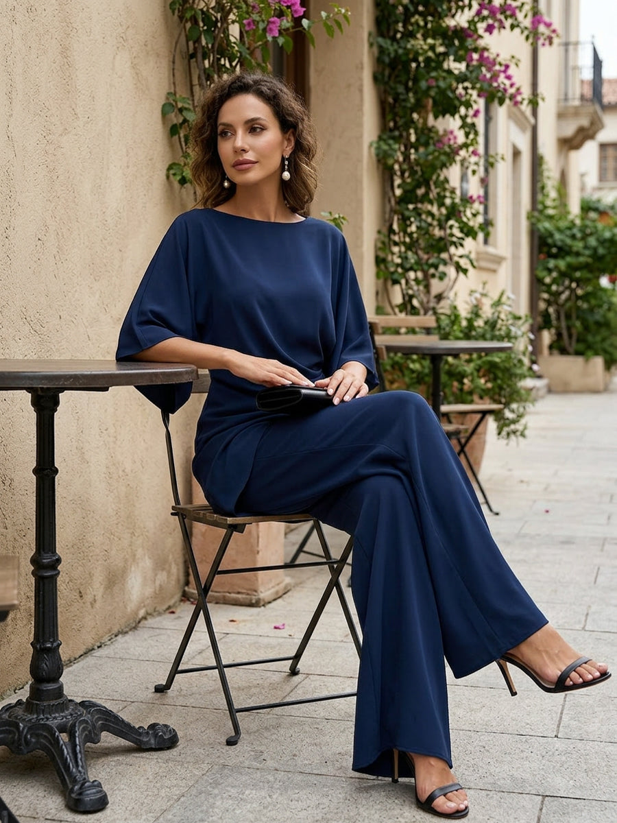 Draped Blouse and Wide-Leg Trouser Two-Piece Set