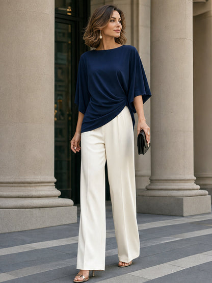 Draped Blouse and Wide-Leg Trouser Two-Piece Set