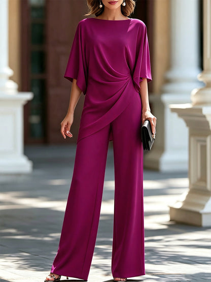Draped Blouse and Wide-Leg Trouser Two-Piece Set