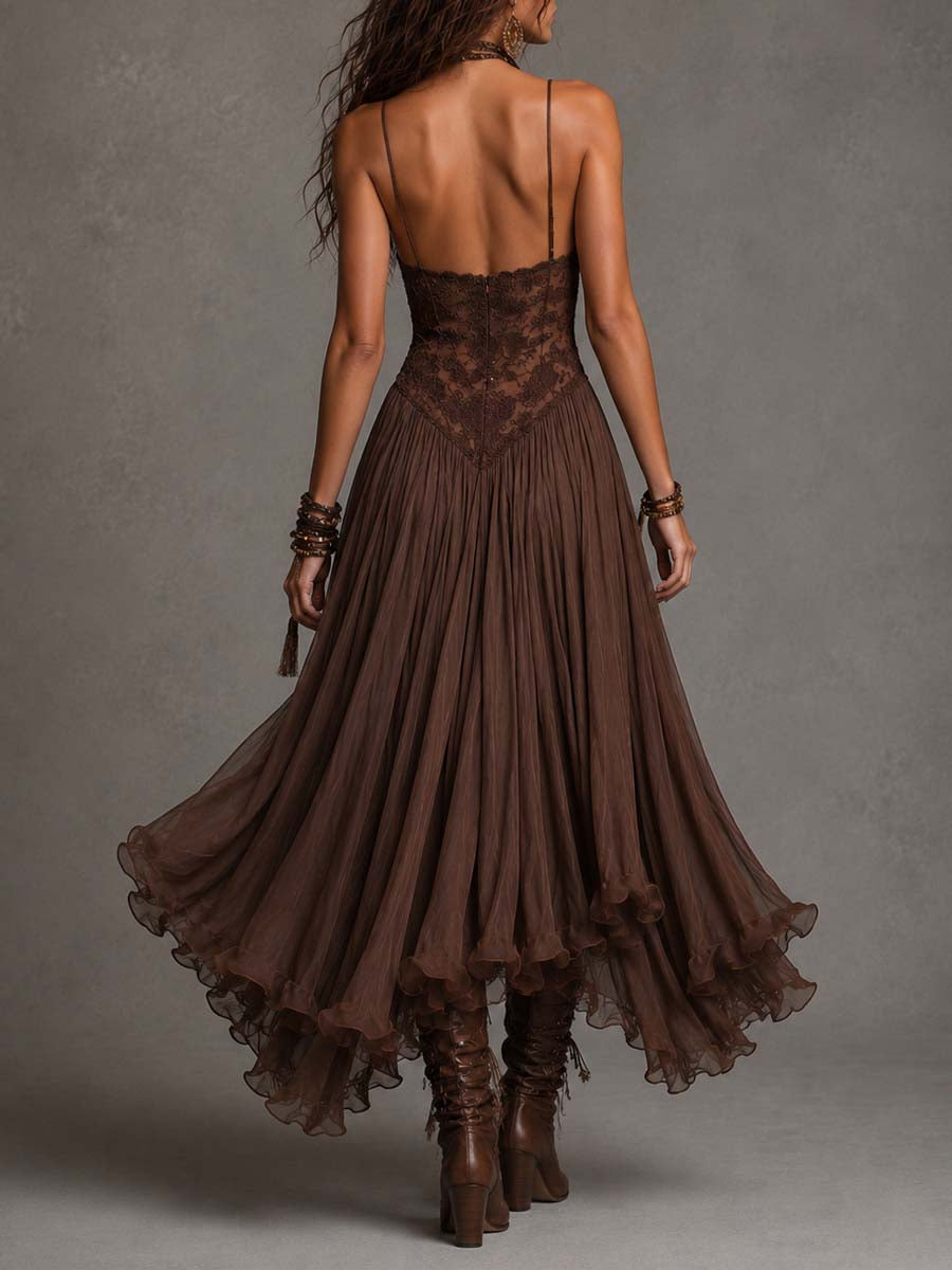 Elodie | Lace and Chiffon Ruffle Maxi Dress