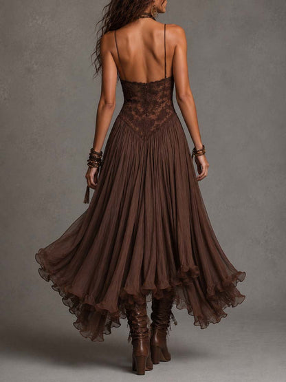 Elodie | Lace and Chiffon Ruffle Maxi Dress