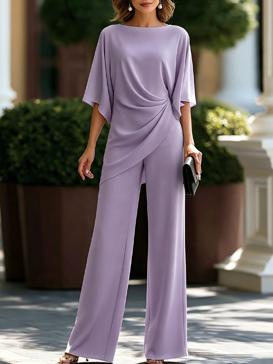 Draped Blouse and Wide-Leg Trouser Two-Piece Set