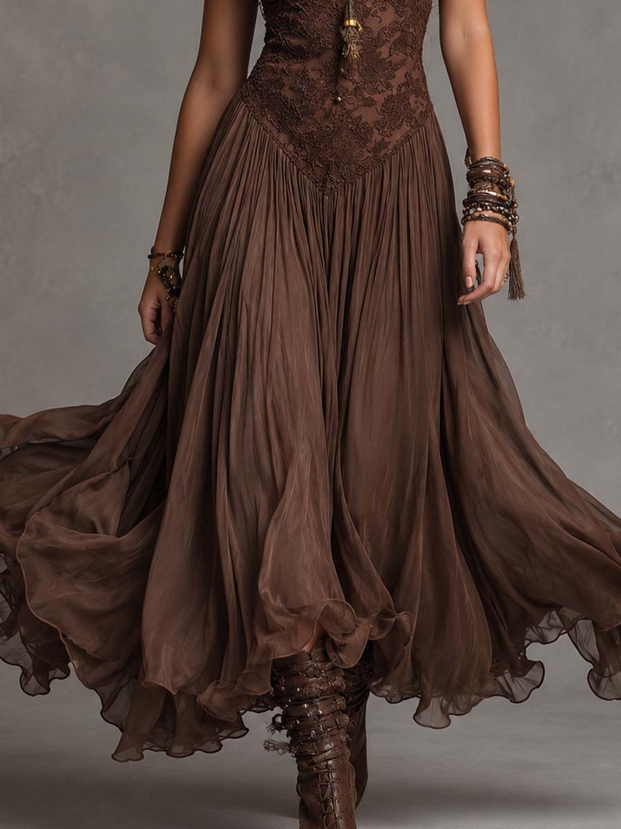 Elodie | Lace and Chiffon Ruffle Maxi Dress