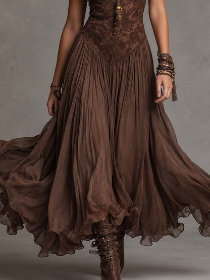 Elodie | Lace and Chiffon Ruffle Maxi Dress