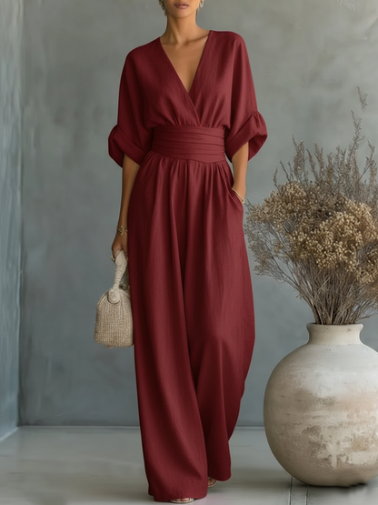 Elegant High-Waisted V-Neck Summer Jumpsuit
