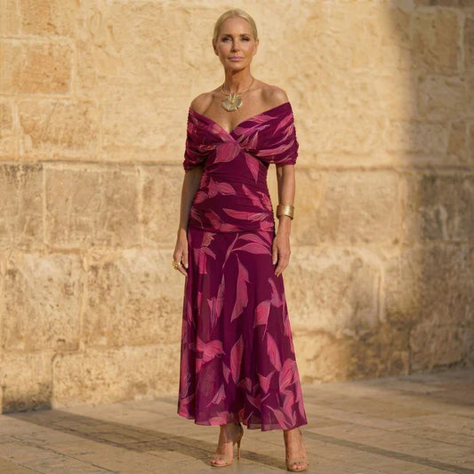 Celeste | Elegant Pleated Maxi Dress with Leaf Print