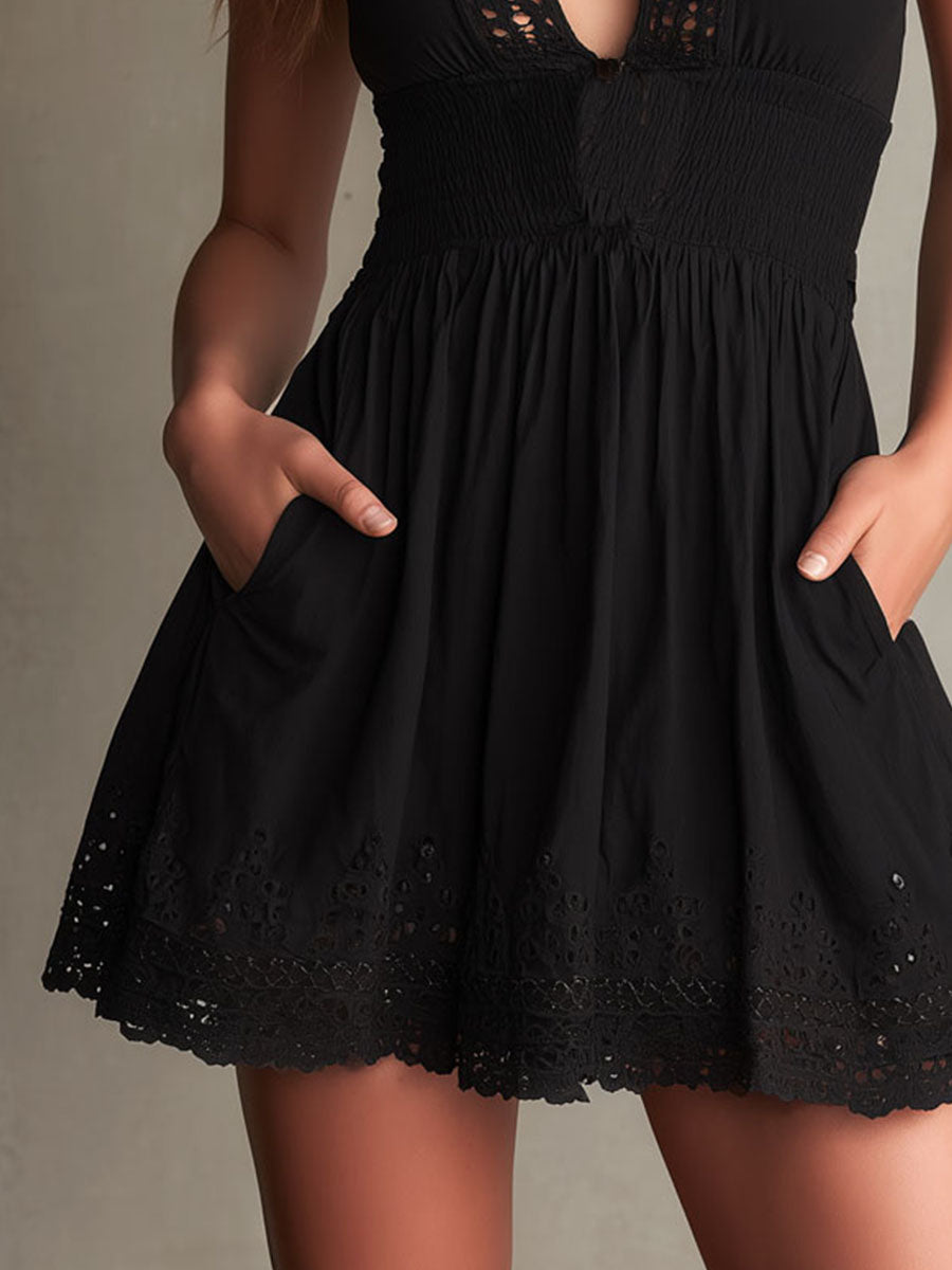 Black Boho Chic Mini Dress with Eyelet Embroidery