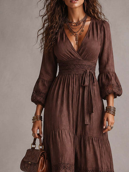 Cotton-Linen Midi Dress with Balloon Sleeves and Vintage Lace