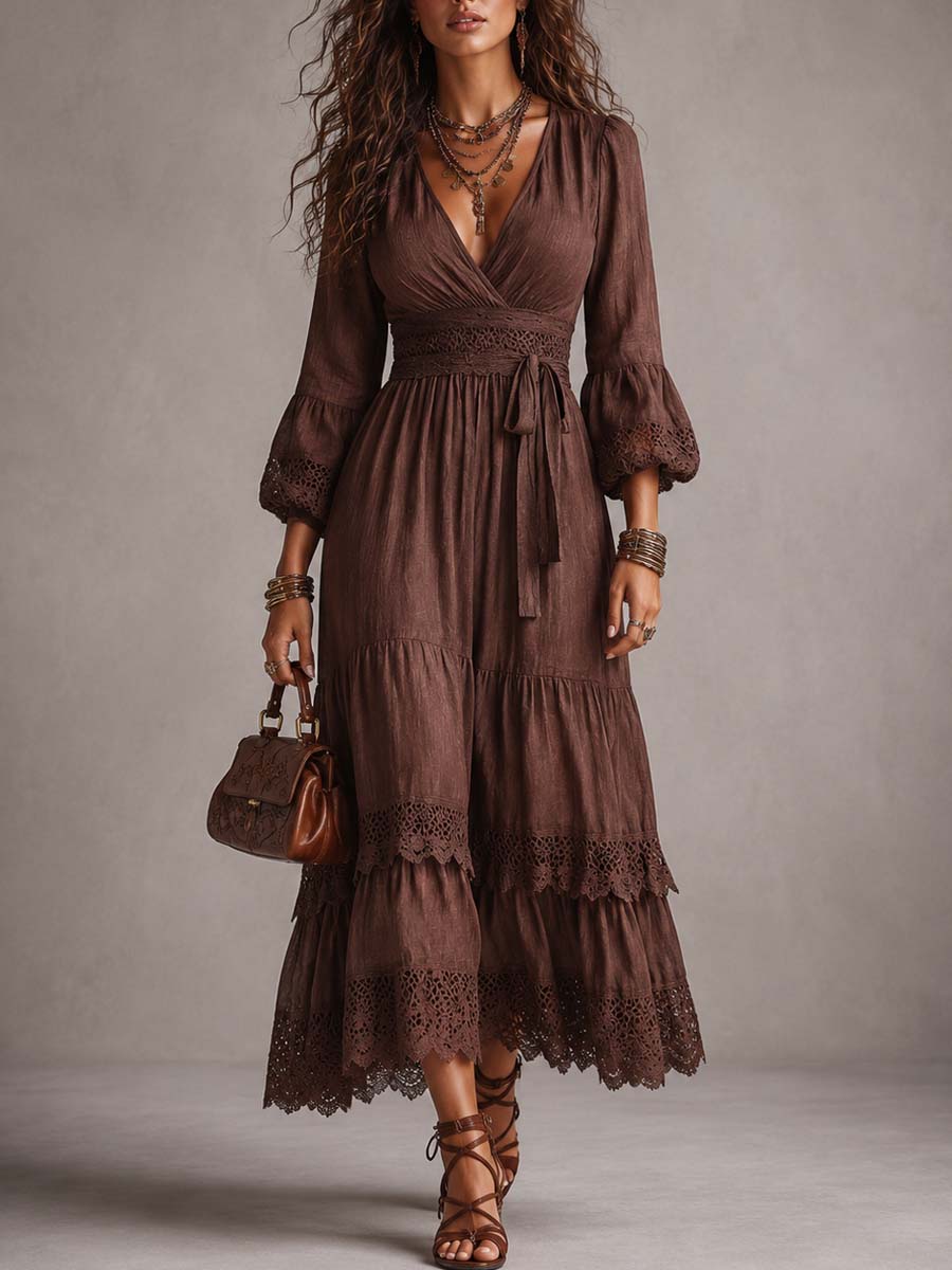 Cotton-Linen Midi Dress with Balloon Sleeves and Vintage Lace