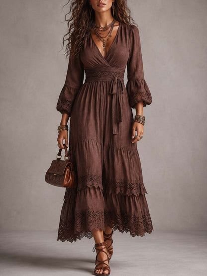 Cotton-Linen Midi Dress with Balloon Sleeves and Vintage Lace
