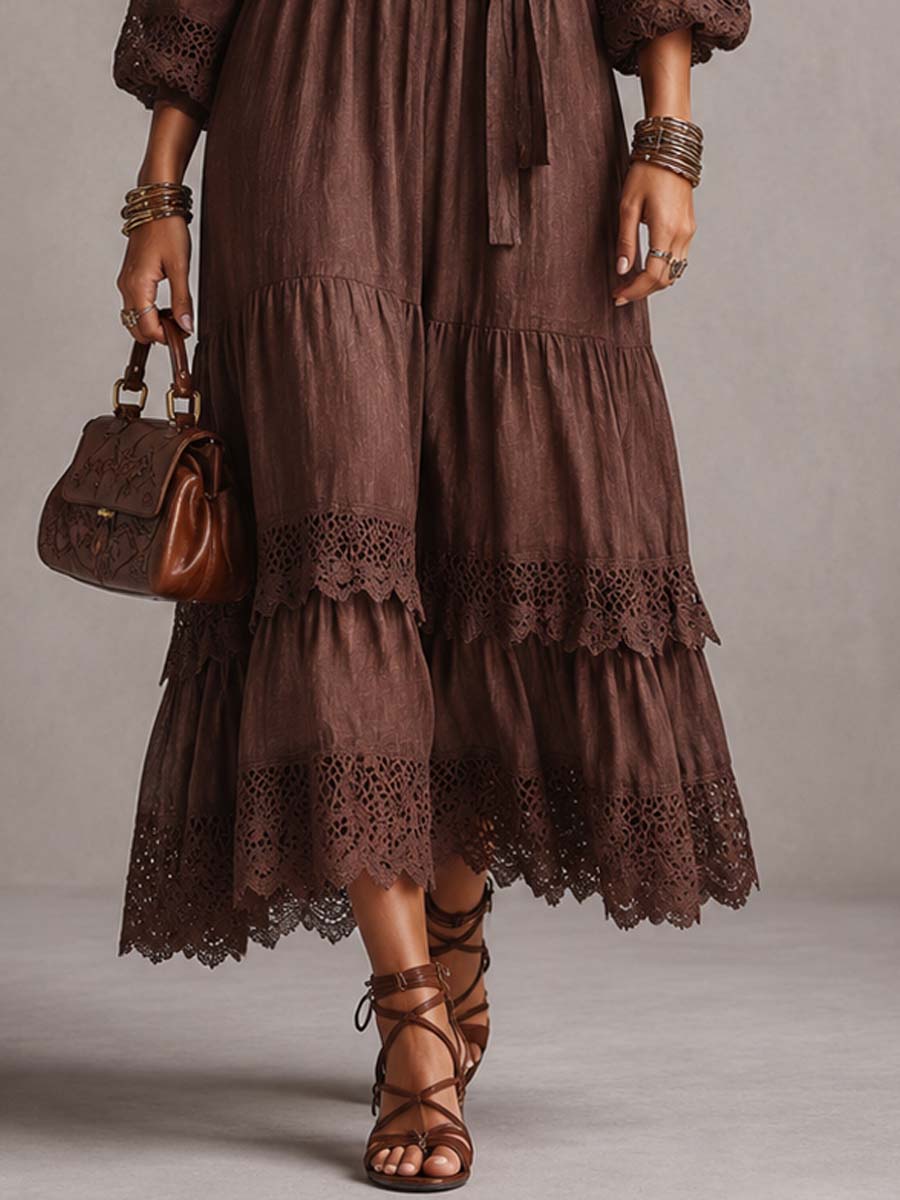 Cotton-Linen Midi Dress with Balloon Sleeves and Vintage Lace