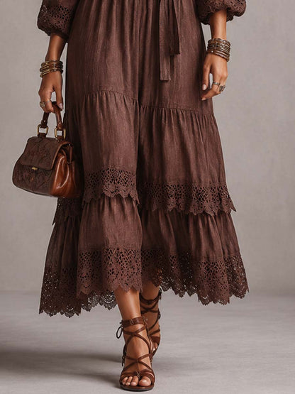 Cotton-Linen Midi Dress with Balloon Sleeves and Vintage Lace