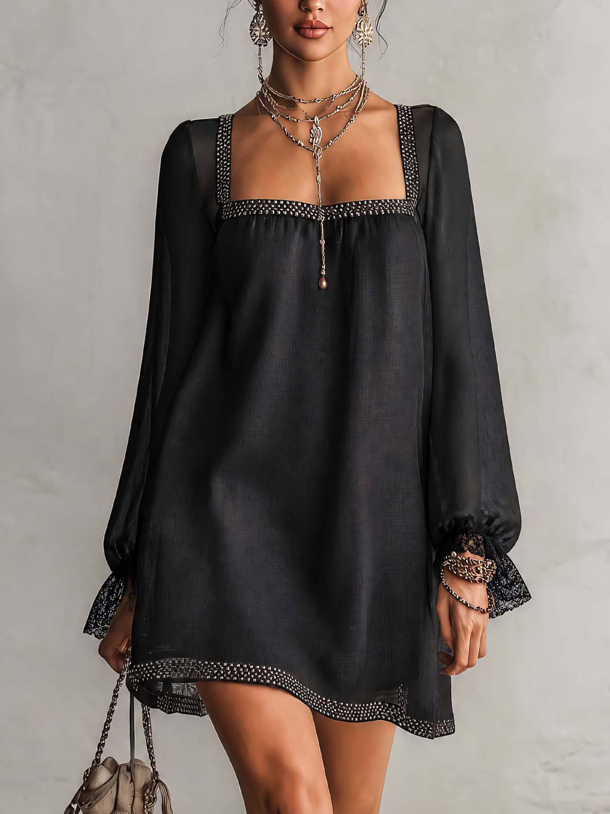 Black Square-Neck Mini Dress with Lace and Rhinestone Sleeves