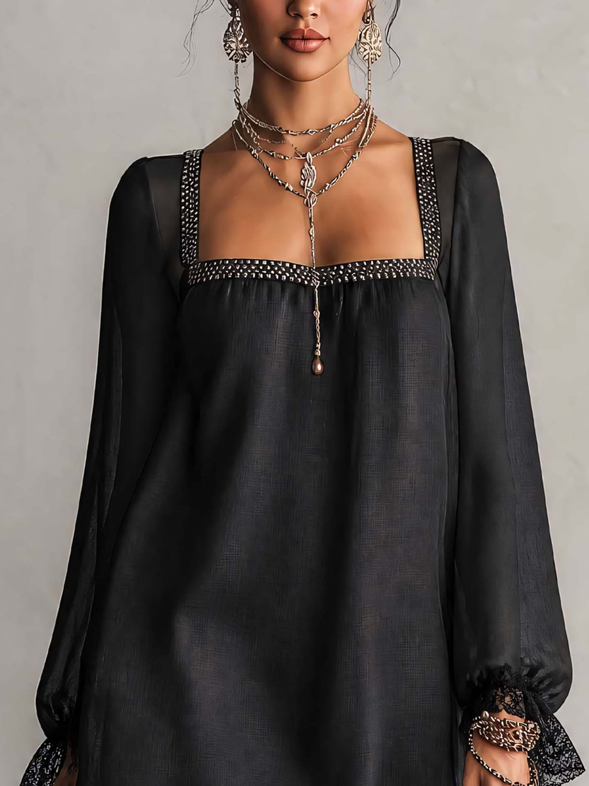 Black Square-Neck Mini Dress with Lace and Rhinestone Sleeves