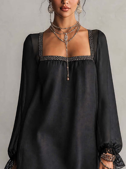 Black Square-Neck Mini Dress with Lace and Rhinestone Sleeves