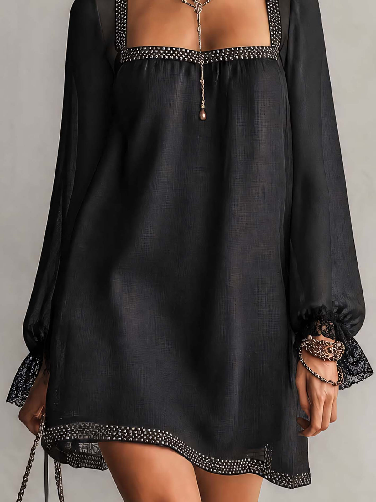 Black Square-Neck Mini Dress with Lace and Rhinestone Sleeves