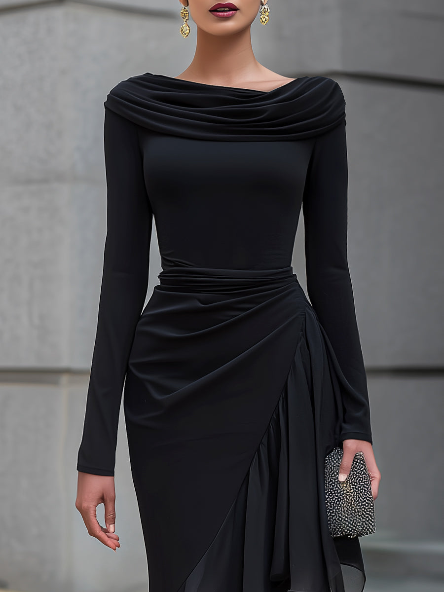 Isla | Off-Shoulder Cowl Neck Long Sleeve Maxi Dress