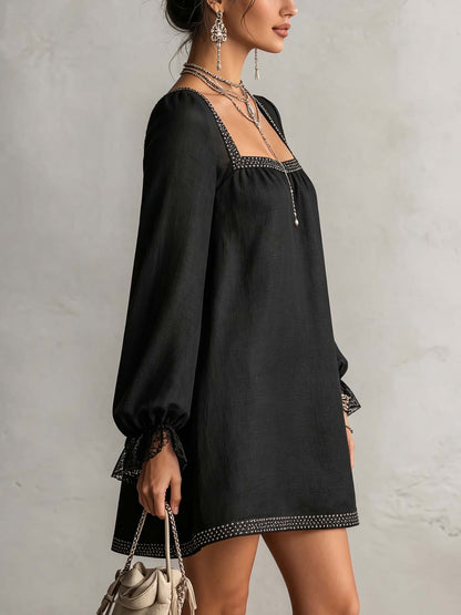 Black Square-Neck Mini Dress with Lace and Rhinestone Sleeves