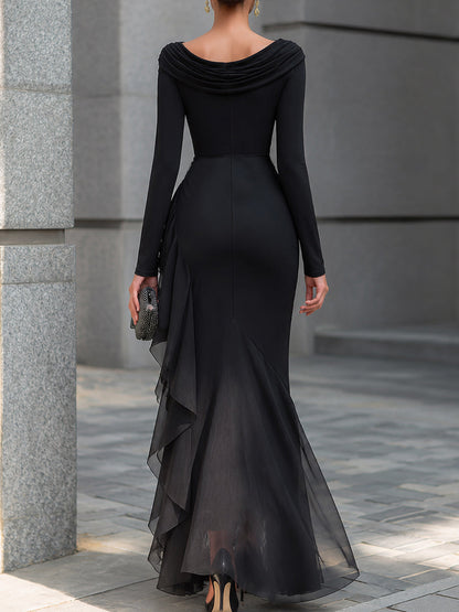 Isla | Off-Shoulder Cowl Neck Long Sleeve Maxi Dress