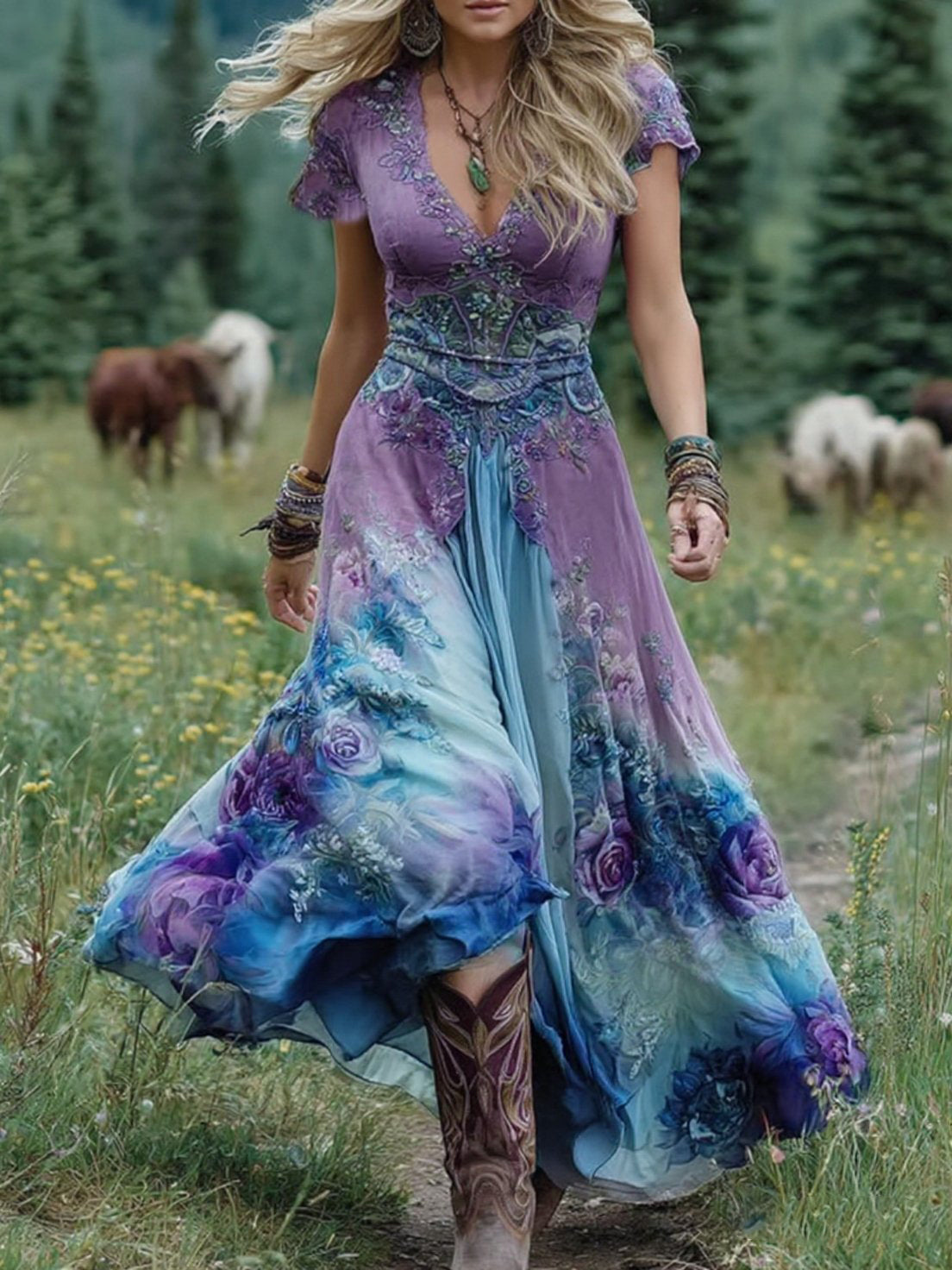 Bohemian Floral Maxi Dress with V-Neck