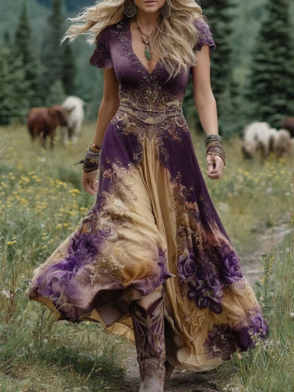Bohemian Floral Maxi Dress with V-Neck