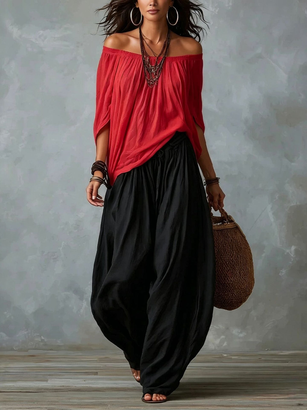 White Off-Shoulder Top and Flared Lantern Trouser Set