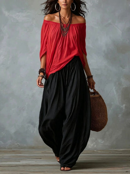 White Off-Shoulder Top and Flared Lantern Trouser Set