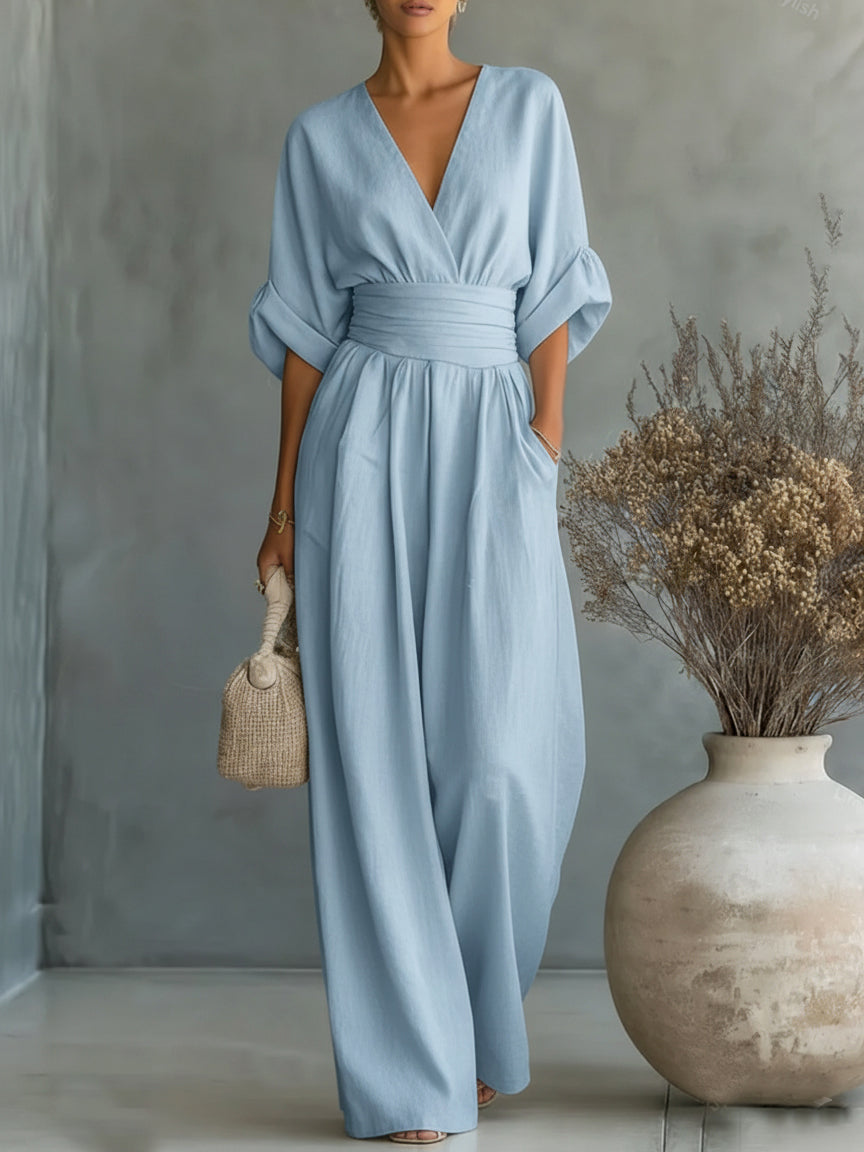 Elegant High-Waisted V-Neck Summer Jumpsuit