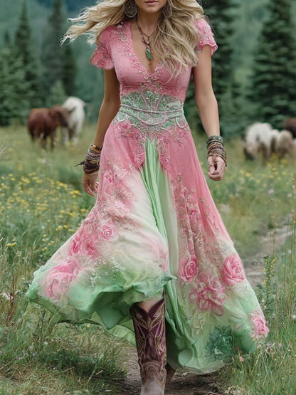 Bohemian Floral Maxi Dress with V-Neck