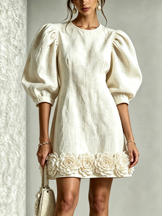 White Cotton-Linen Mini Dress with 3D Ruffle Sleeves