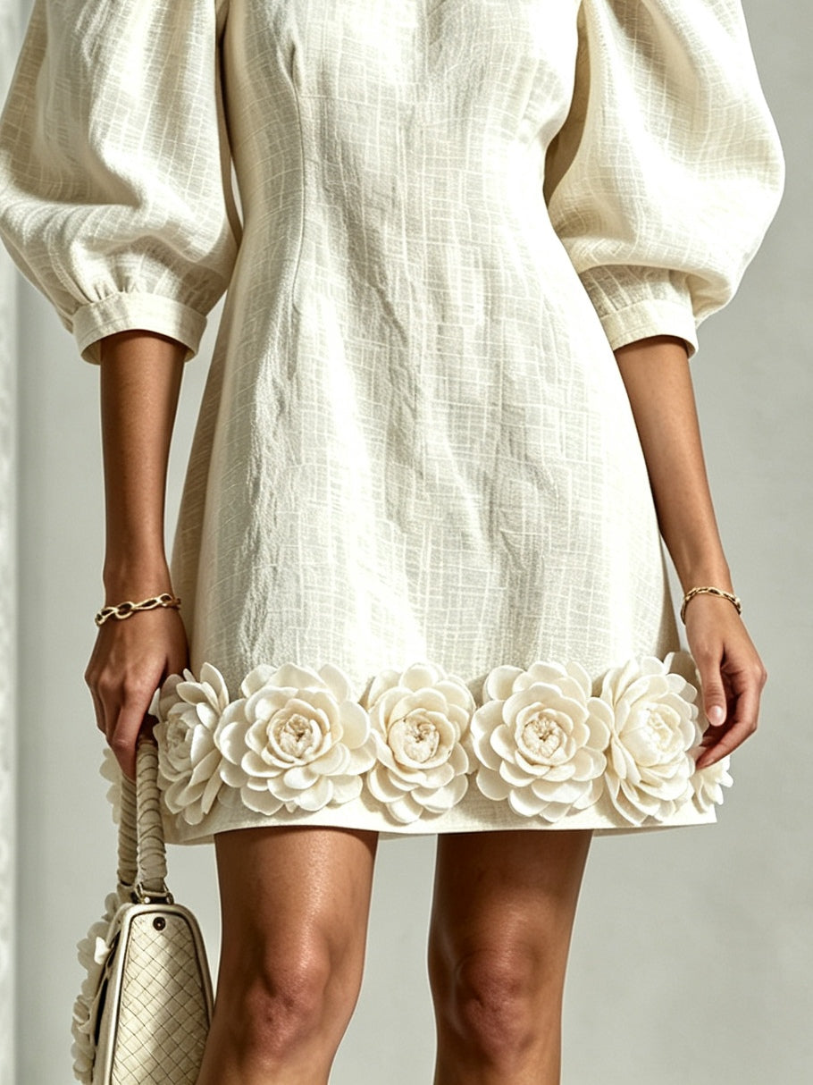 White Cotton-Linen Mini Dress with 3D Ruffle Sleeves
