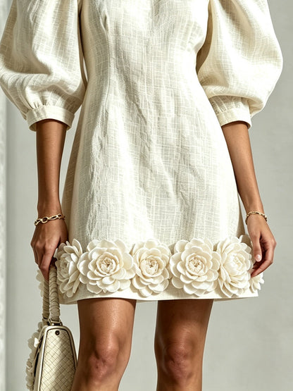 White Cotton-Linen Mini Dress with 3D Ruffle Sleeves