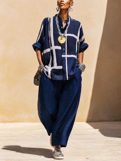 Navy Relaxed Shirt and Casual Trouser Set