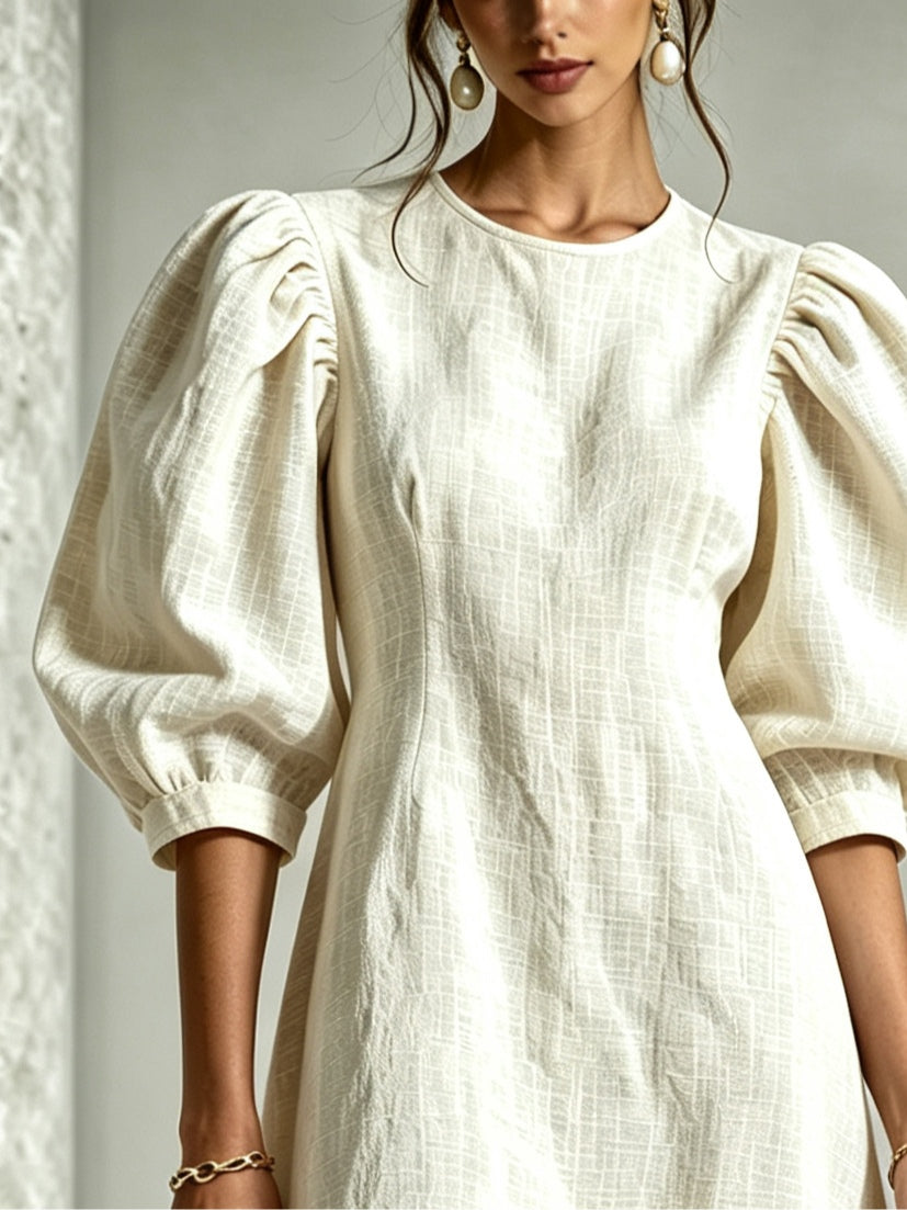 White Cotton-Linen Mini Dress with 3D Ruffle Sleeves